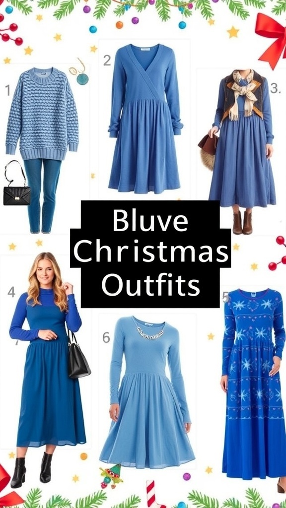 Aesthetic blue Christmas outfits including a sweater, dress, jumpsuit, and layered look.